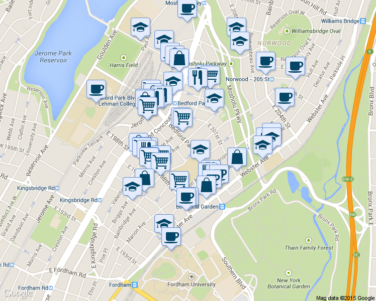map of restaurants, bars, coffee shops, grocery stores, and more near in The Bronx