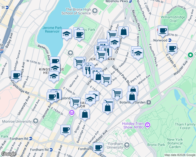map of restaurants, bars, coffee shops, grocery stores, and more near 2870 Grand Concourse in Bronx