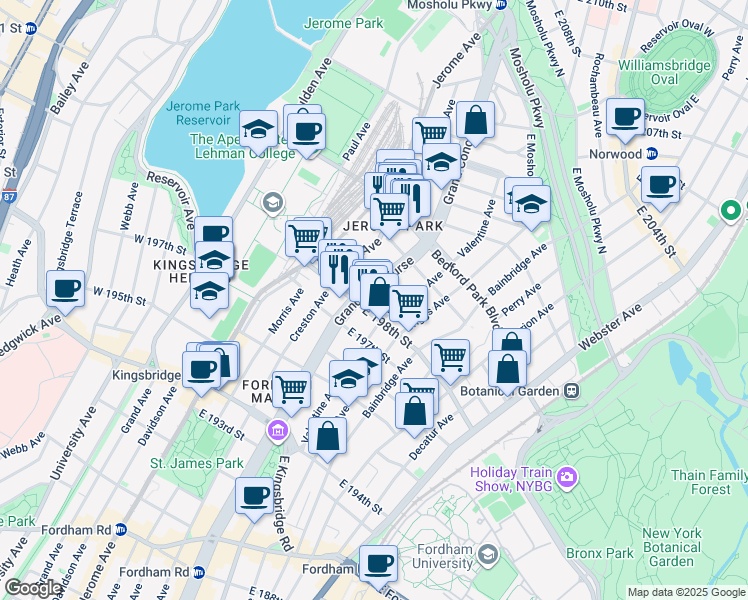 map of restaurants, bars, coffee shops, grocery stores, and more near 2870 Grand Concourse in Bronx
