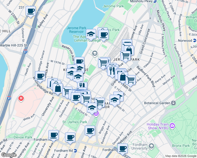 map of restaurants, bars, coffee shops, grocery stores, and more near 2808 Jerome Avenue in The Bronx