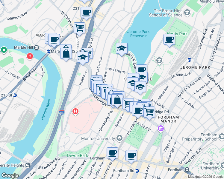 map of restaurants, bars, coffee shops, grocery stores, and more near 151 West 195th Street in Bronx