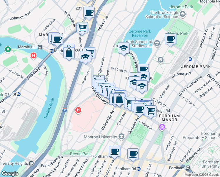 map of restaurants, bars, coffee shops, grocery stores, and more near 151 West 195th Street in Bronx