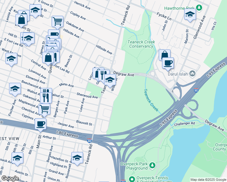 map of restaurants, bars, coffee shops, grocery stores, and more near 278 Willow Street in Teaneck