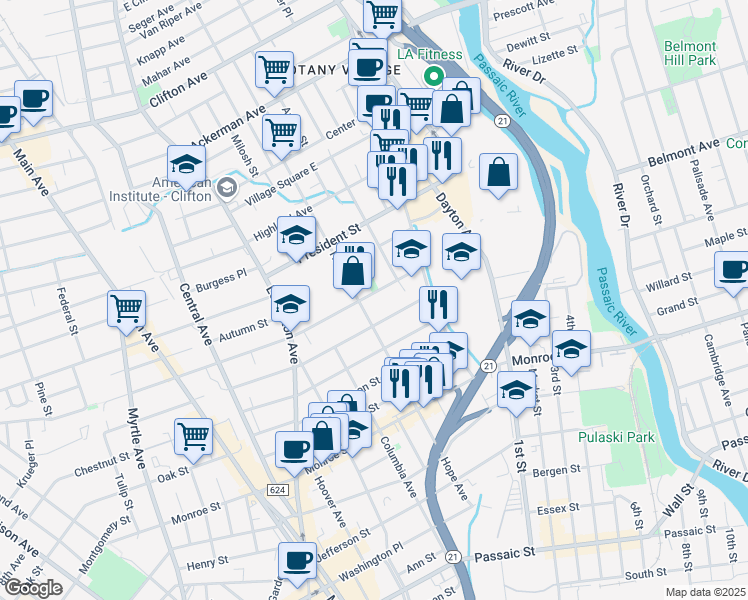 map of restaurants, bars, coffee shops, grocery stores, and more near 189 Harrison Street in Passaic