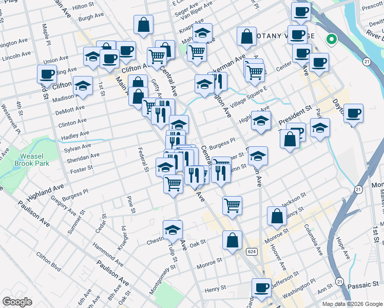 map of restaurants, bars, coffee shops, grocery stores, and more near 86 Burgess Place in Passaic