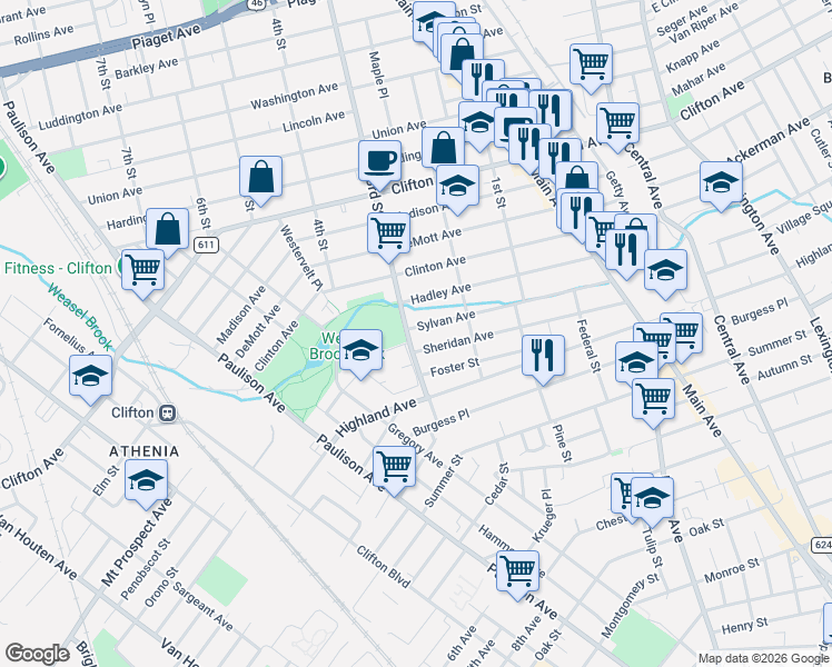 map of restaurants, bars, coffee shops, grocery stores, and more near 158 Sylvan Avenue in Clifton