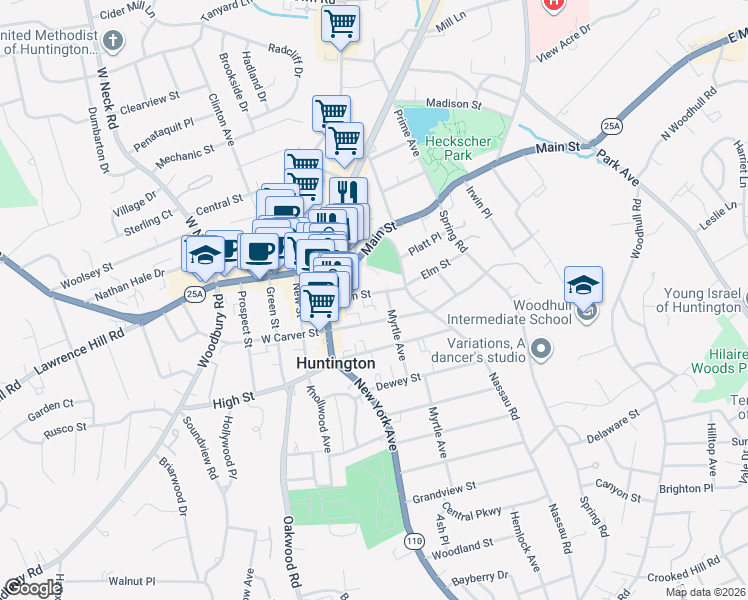 map of restaurants, bars, coffee shops, grocery stores, and more near 52 Elm Street in Huntington