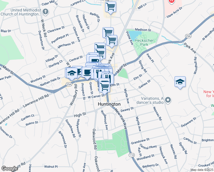 map of restaurants, bars, coffee shops, grocery stores, and more near 281 Main Street in Huntington