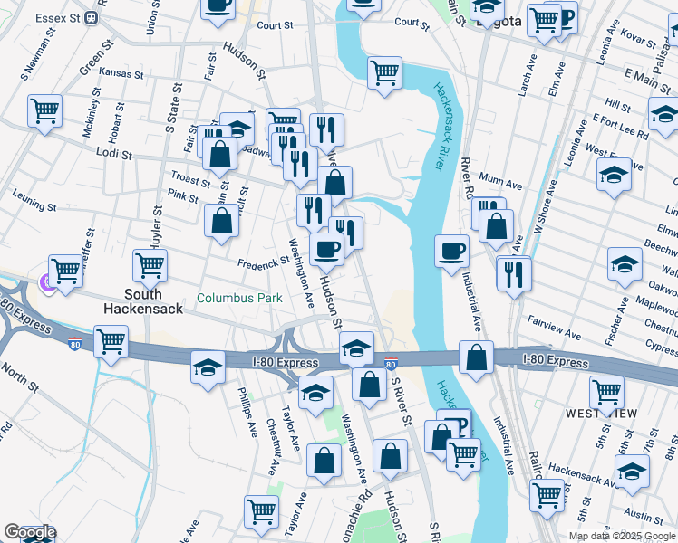 map of restaurants, bars, coffee shops, grocery stores, and more near 246 Maiden Lane in Hackensack