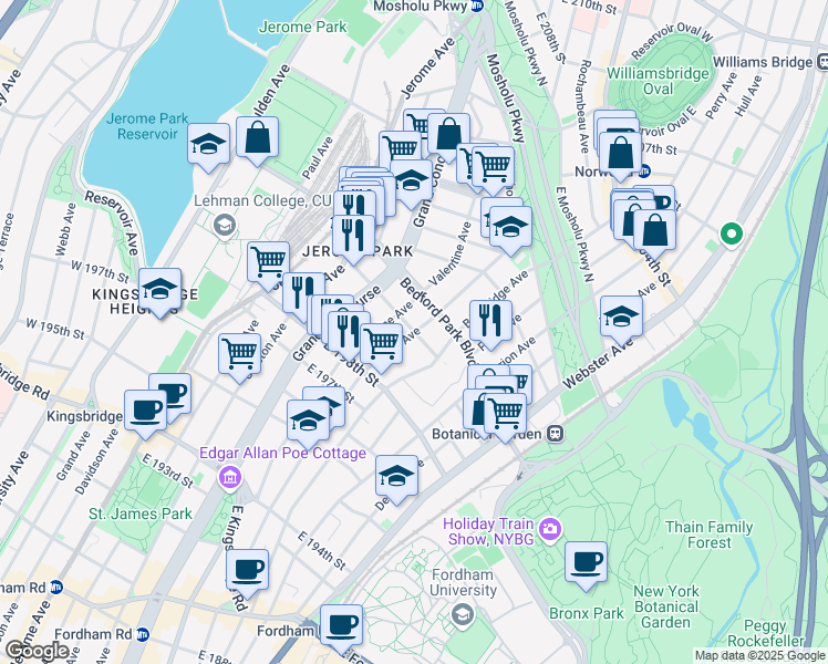 map of restaurants, bars, coffee shops, grocery stores, and more near 2900 Briggs Avenue in The Bronx