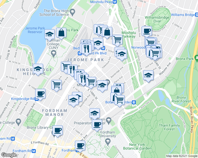 map of restaurants, bars, coffee shops, grocery stores, and more near East 199th Street in Bronx