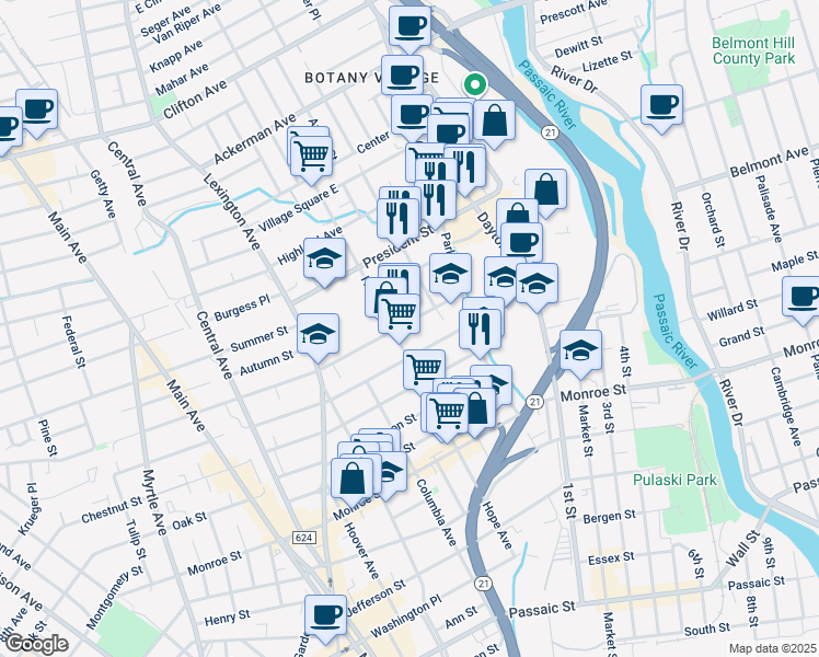 map of restaurants, bars, coffee shops, grocery stores, and more near 189 Harrison Street in Passaic