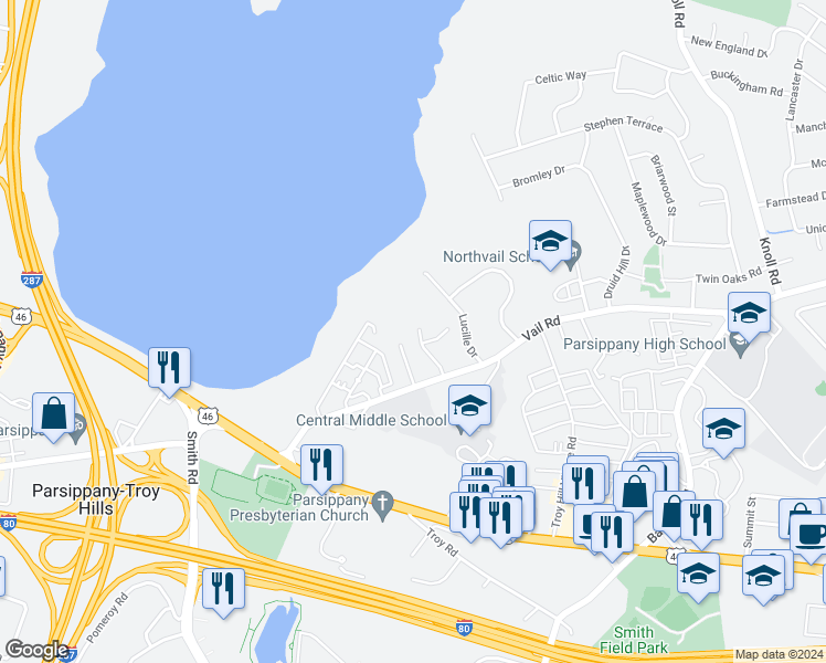 map of restaurants, bars, coffee shops, grocery stores, and more near 80 Reservoir Road in Parsippany-Troy Hills