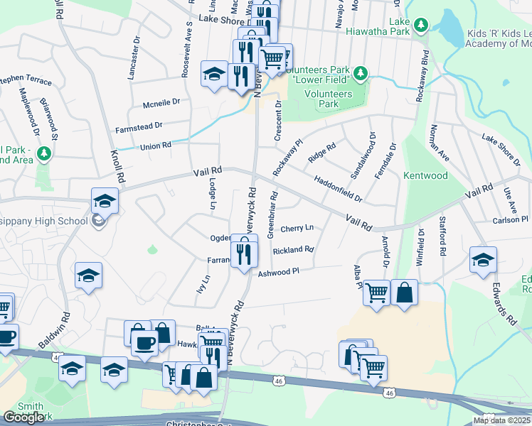 map of restaurants, bars, coffee shops, grocery stores, and more near 21 Greenbriar Road in Parsippany-Troy Hills
