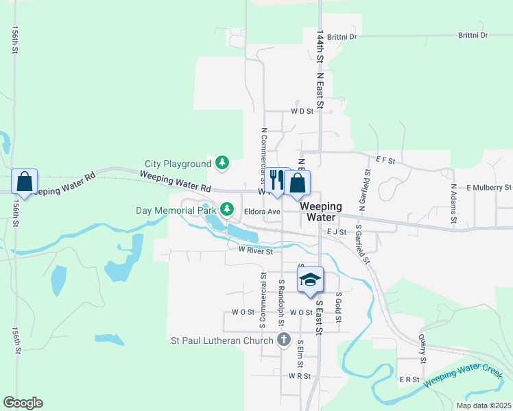map of restaurants, bars, coffee shops, grocery stores, and more near 402 West Eldora Avenue in Weeping Water