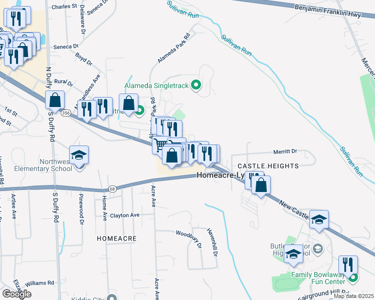 map of restaurants, bars, coffee shops, grocery stores, and more near 214 New Castle Road in Butler