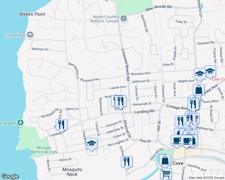 map of restaurants, bars, coffee shops, grocery stores, and more near 21 Laurel Avenue in Glen Cove