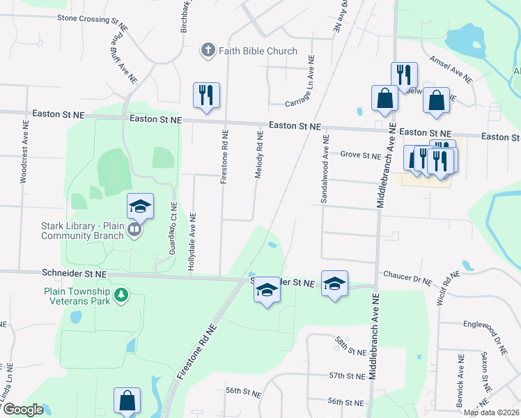 map of restaurants, bars, coffee shops, grocery stores, and more near 6130 Melody Road Northeast in Canton