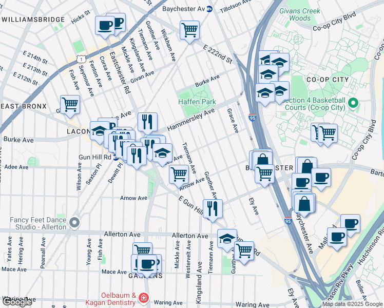 map of restaurants, bars, coffee shops, grocery stores, and more near 2960 Gunther Avenue in The Bronx