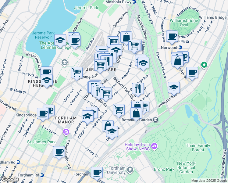 map of restaurants, bars, coffee shops, grocery stores, and more near 2929 Briggs Avenue in Bronx