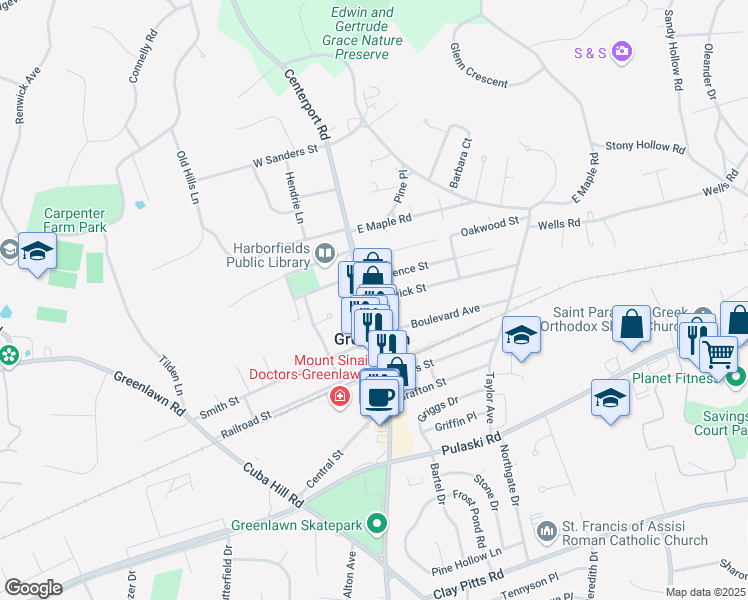 map of restaurants, bars, coffee shops, grocery stores, and more near 48 Broadway in Greenlawn