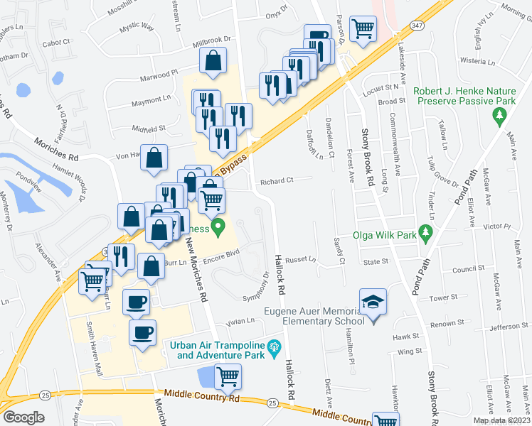 map of restaurants, bars, coffee shops, grocery stores, and more near 211 Symphony Drive in Lake Grove