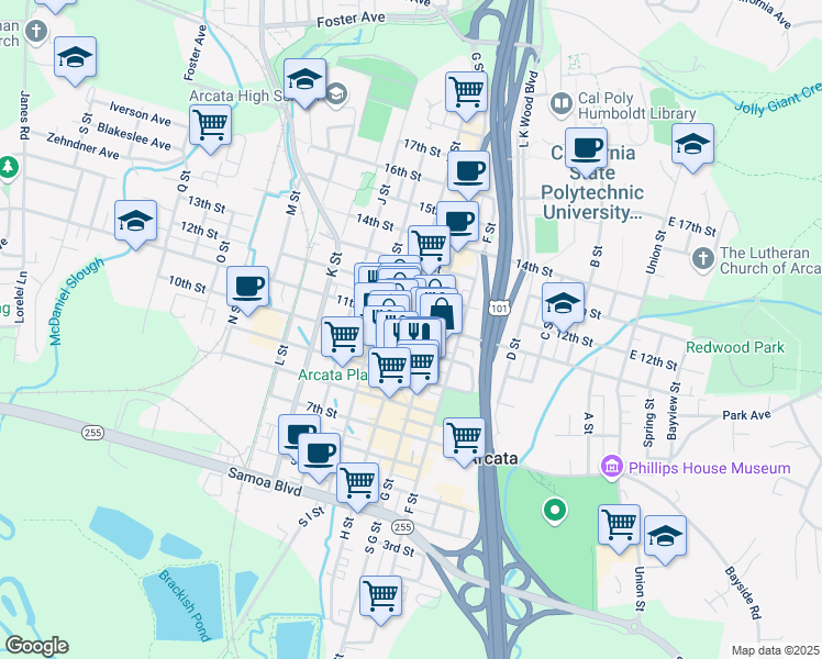 map of restaurants, bars, coffee shops, grocery stores, and more near 1070 H Street in Arcata