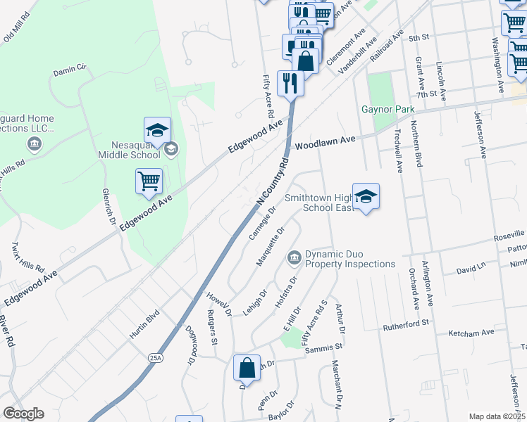 map of restaurants, bars, coffee shops, grocery stores, and more near 1 East Hill Gate in Smithtown
