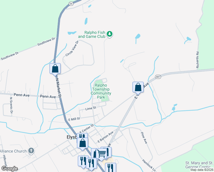 map of restaurants, bars, coffee shops, grocery stores, and more near 13 Aspen Street in Elysburg