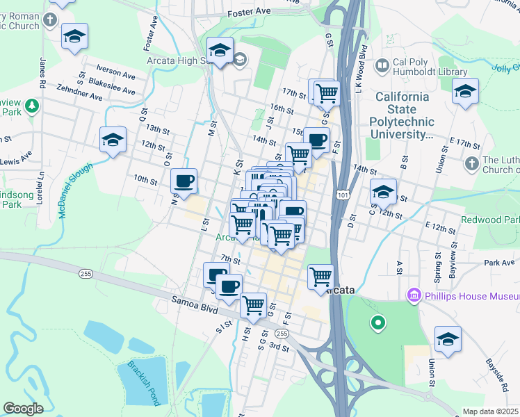 map of restaurants, bars, coffee shops, grocery stores, and more near 1061 I Street in Arcata