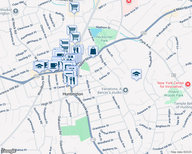map of restaurants, bars, coffee shops, grocery stores, and more near 68 Nassau Road in Huntington