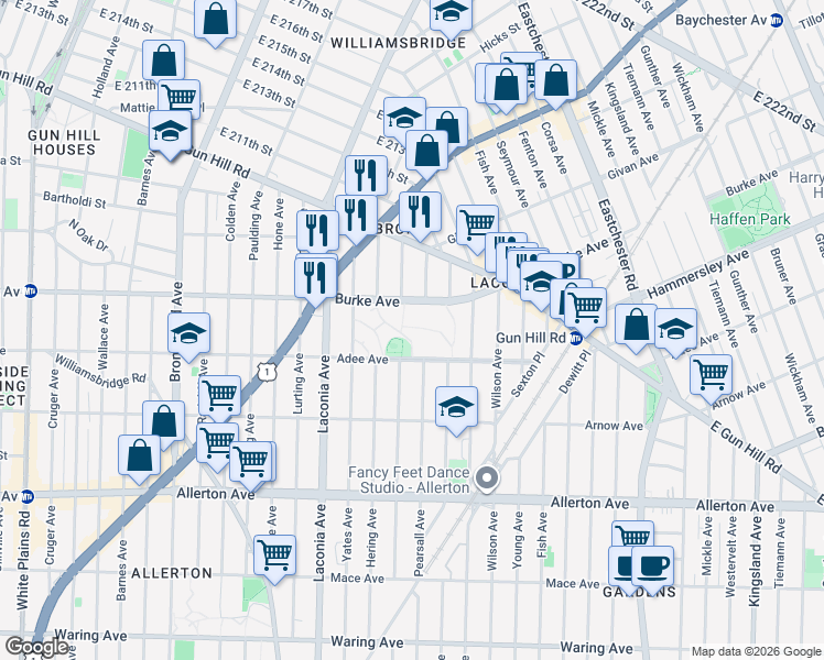 map of restaurants, bars, coffee shops, grocery stores, and more near 1216 Burke Avenue in The Bronx
