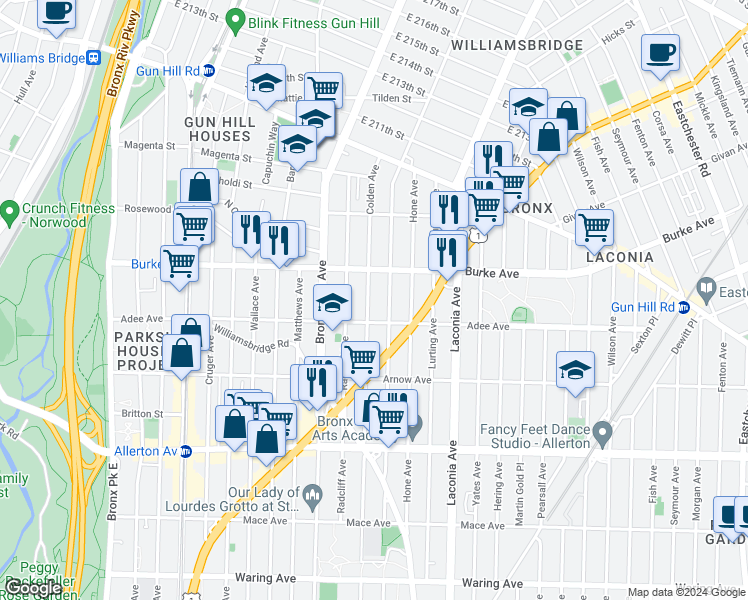 map of restaurants, bars, coffee shops, grocery stores, and more near 3030 Paulding Avenue in Bronx