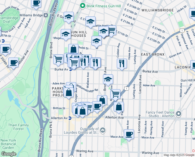 map of restaurants, bars, coffee shops, grocery stores, and more near 3018 Barnes Avenue in Bronx