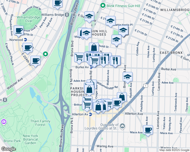 map of restaurants, bars, coffee shops, grocery stores, and more near 3032 Cruger Avenue in Bronx