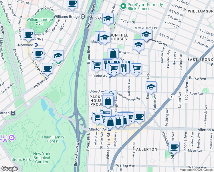 map of restaurants, bars, coffee shops, grocery stores, and more near 3035 White Plains Road in Bronx