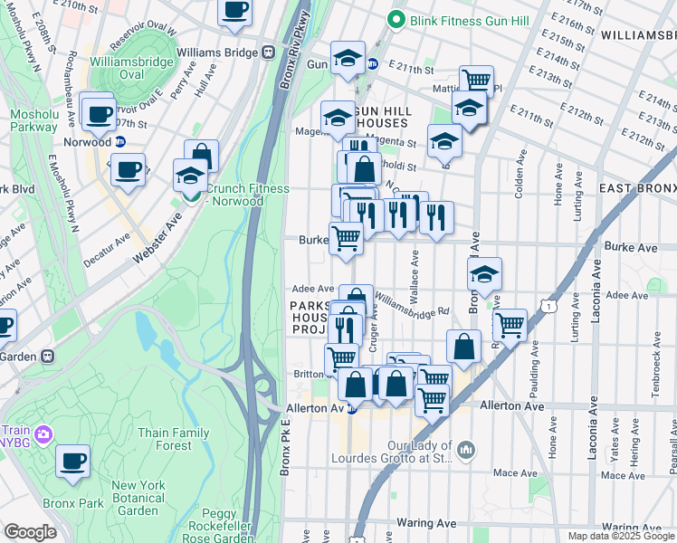 map of restaurants, bars, coffee shops, grocery stores, and more near 3035 White Plains Road in Bronx