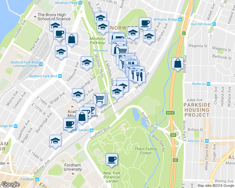 map of restaurants, bars, coffee shops, grocery stores, and more near 3044 Decatur Avenue in Bronx