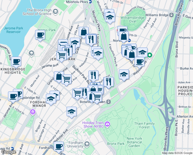 map of restaurants, bars, coffee shops, grocery stores, and more near 2979 Perry Avenue in The Bronx