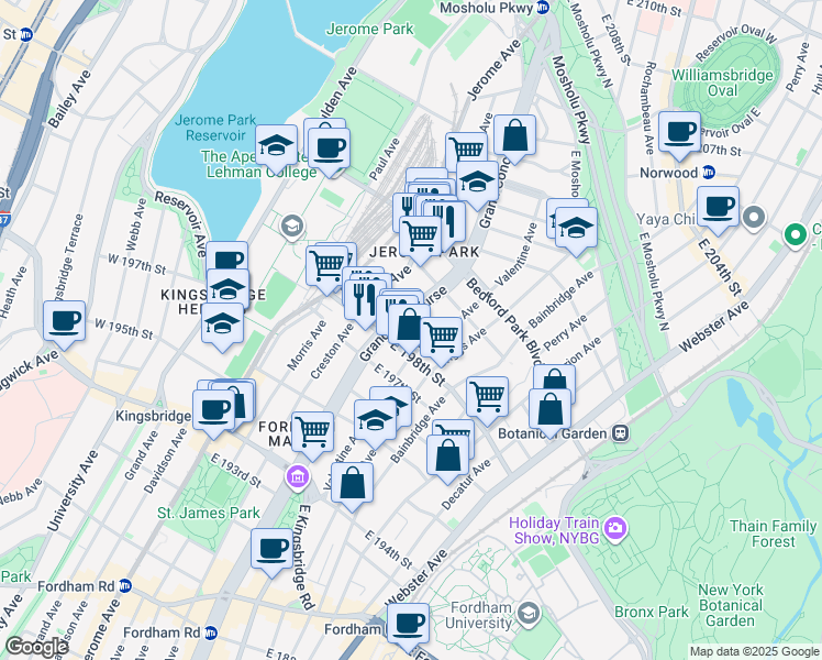 map of restaurants, bars, coffee shops, grocery stores, and more near 2870 Grand Concourse in Bronx