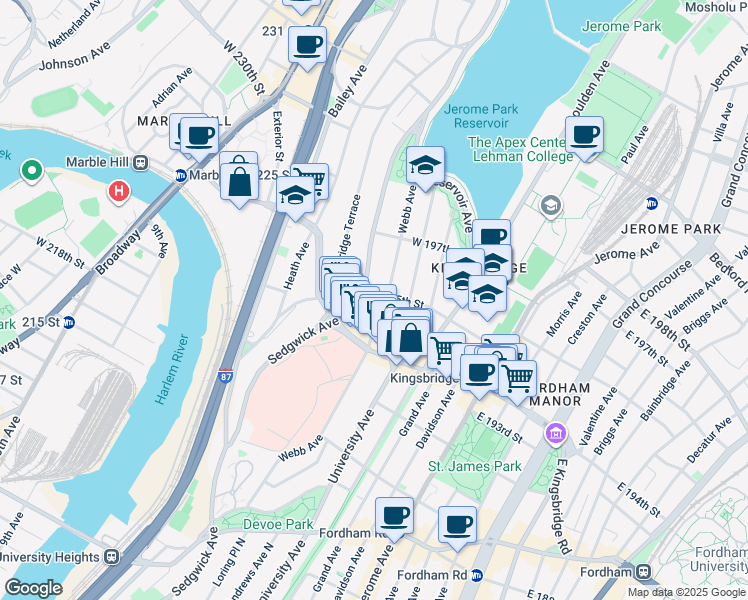 map of restaurants, bars, coffee shops, grocery stores, and more near 151 West 195th Street in Bronx