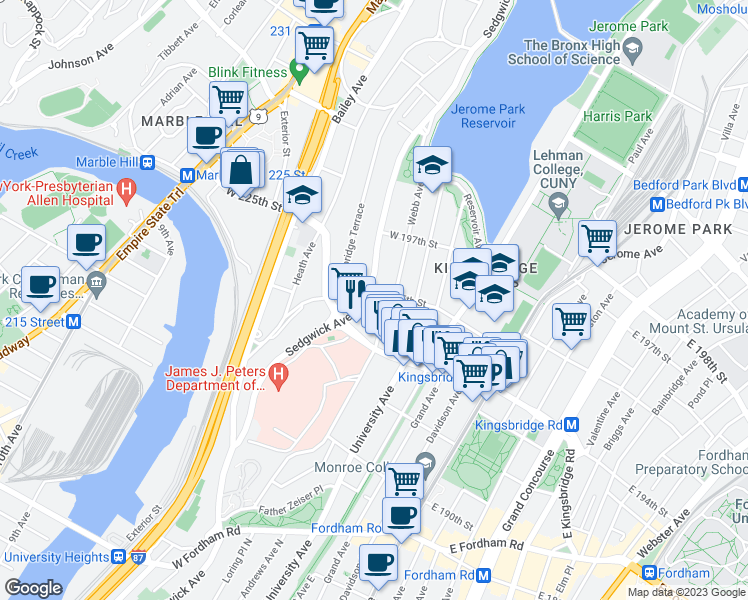 map of restaurants, bars, coffee shops, grocery stores, and more near 151 West 195th Street in Bronx