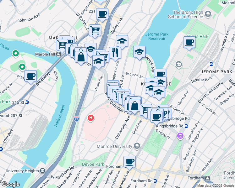 map of restaurants, bars, coffee shops, grocery stores, and more near 2719 Sedgwick Avenue in Bronx