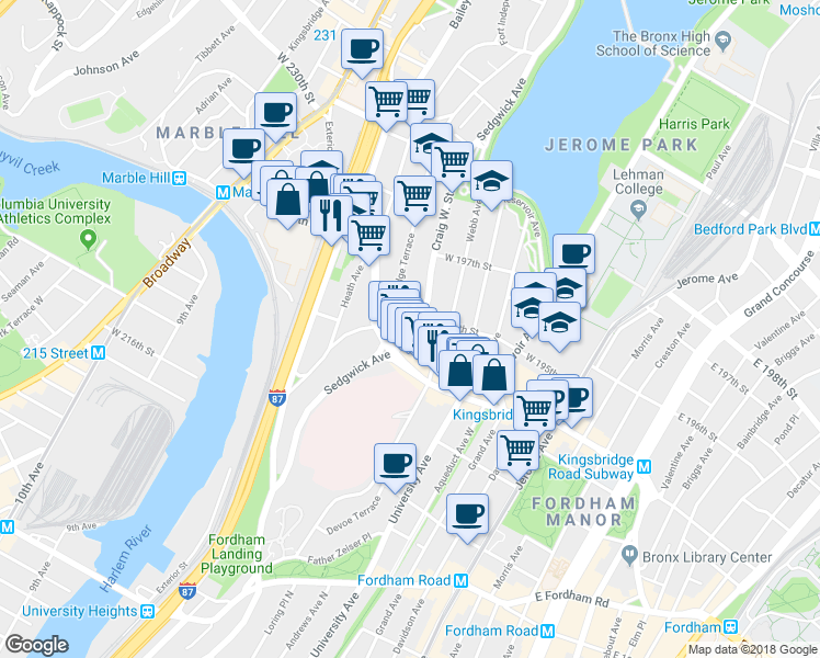 map of restaurants, bars, coffee shops, grocery stores, and more near 2719 Sedgwick Avenue in Bronx