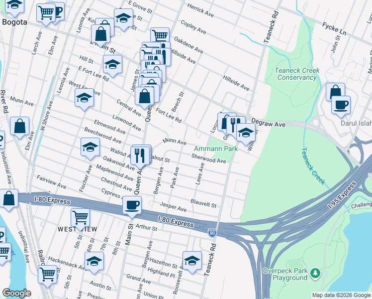 map of restaurants, bars, coffee shops, grocery stores, and more near 210 Park Avenue in Teaneck