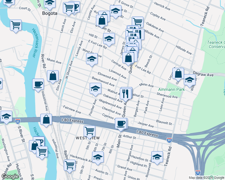 map of restaurants, bars, coffee shops, grocery stores, and more near 210 Beechwood Avenue in Bogota