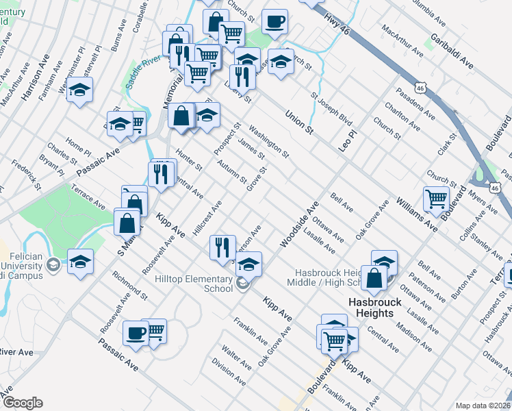 map of restaurants, bars, coffee shops, grocery stores, and more near 1 Austin Place in Hasbrouck Heights