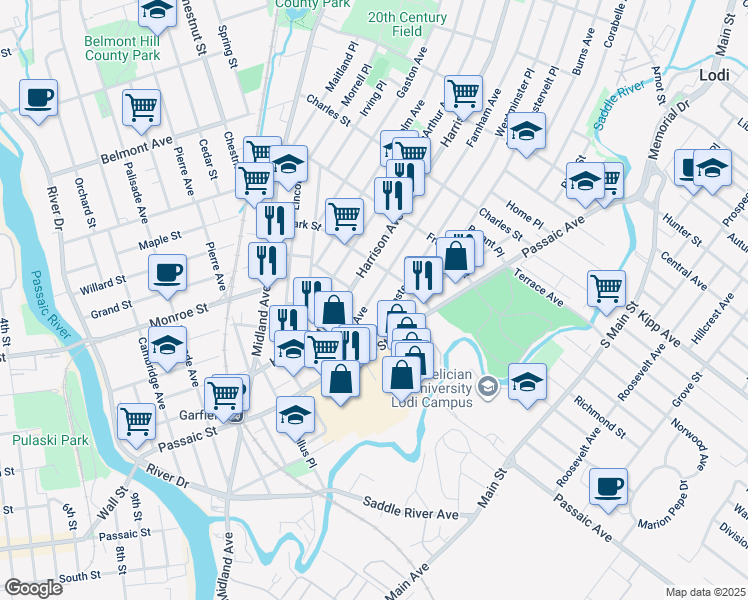 map of restaurants, bars, coffee shops, grocery stores, and more near 85 Farnham Avenue in Garfield