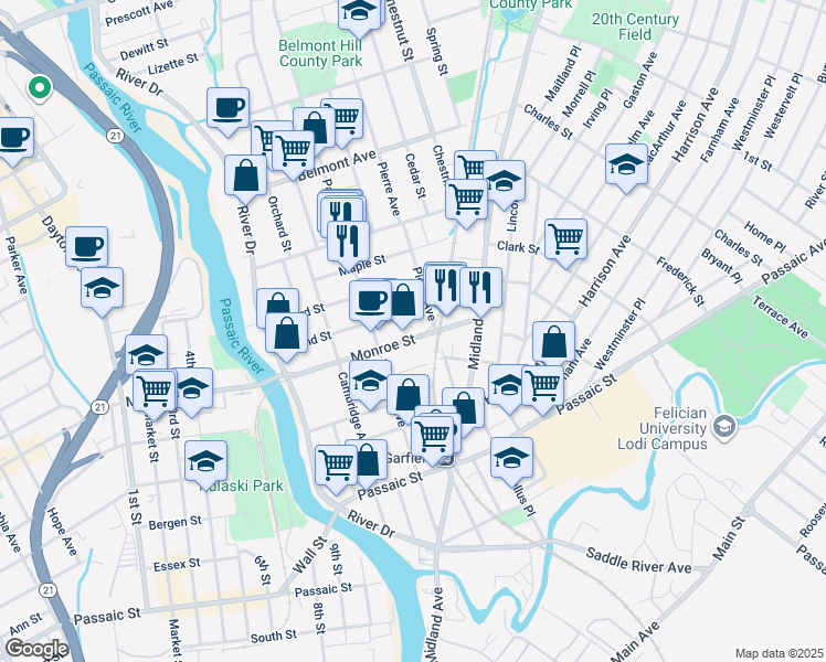 map of restaurants, bars, coffee shops, grocery stores, and more near 106 Grand Street in Garfield