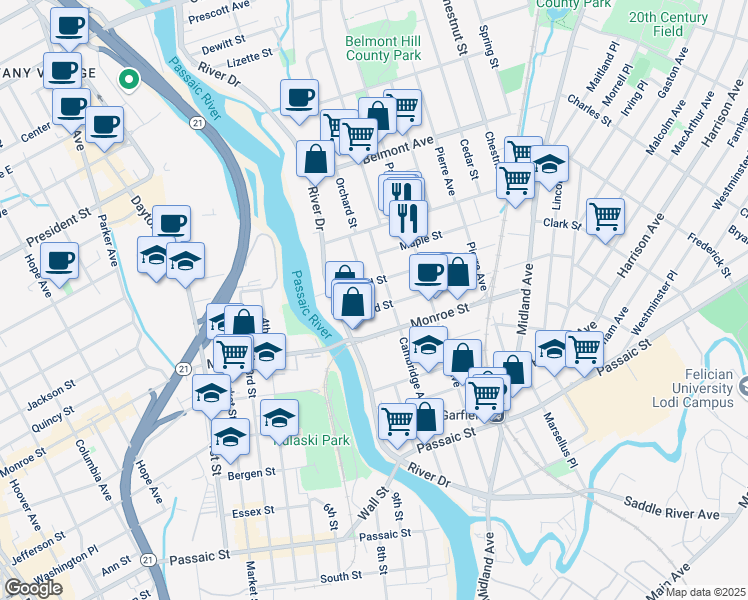 map of restaurants, bars, coffee shops, grocery stores, and more near 165 Cambridge Avenue in Garfield